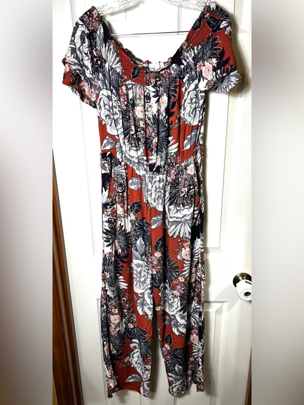 Boho Jumpsuit Romper Jumper Lightweight Ankle Length Wide Leg Brown Floral M